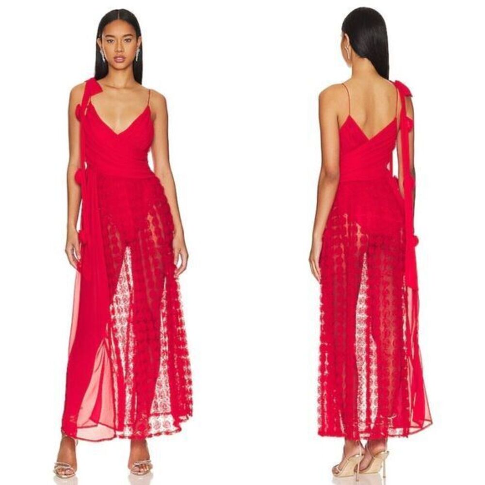 NWT For Love and Lemons Hannah Dress Red Roses Bows Bodysuit Sheer Gown Small